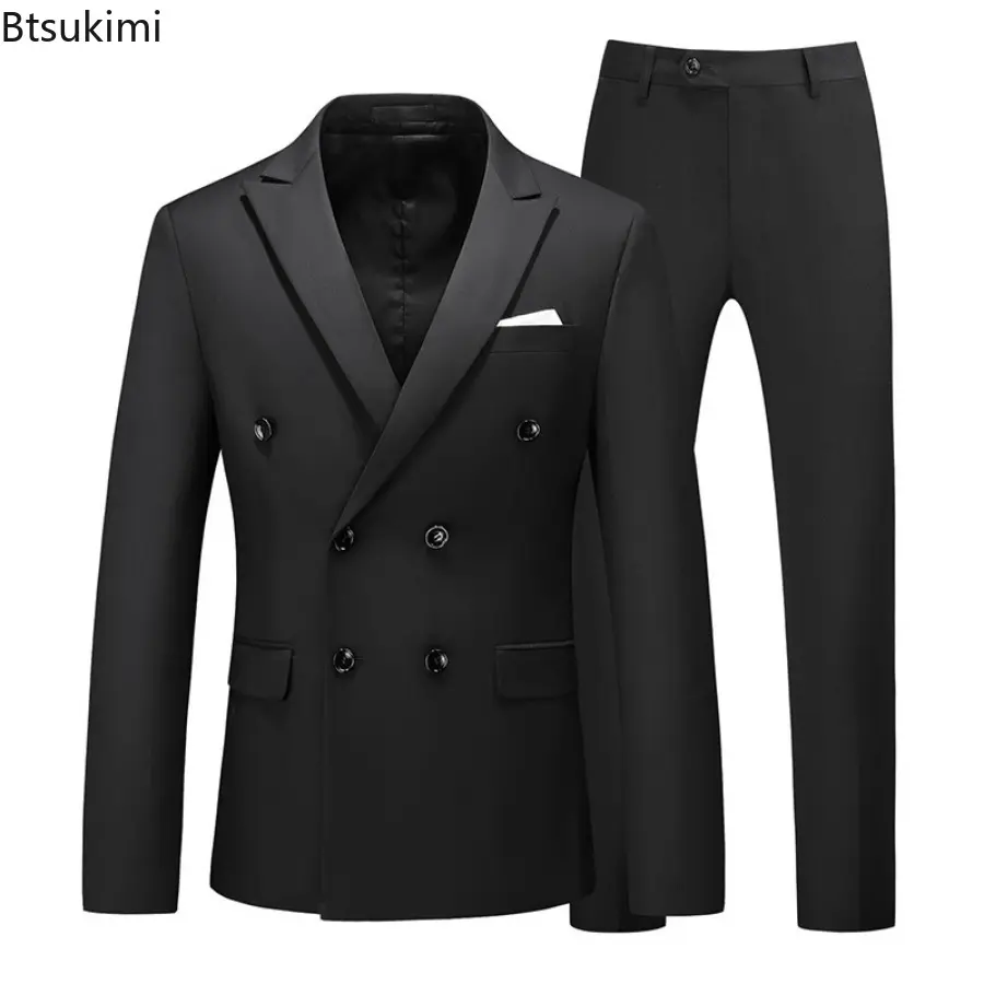 2025 New Men's High Quality Double Breasted Suit Sets Men Solid Slim Business Banquet Formal Blazers Coat and Pants Two-pieces