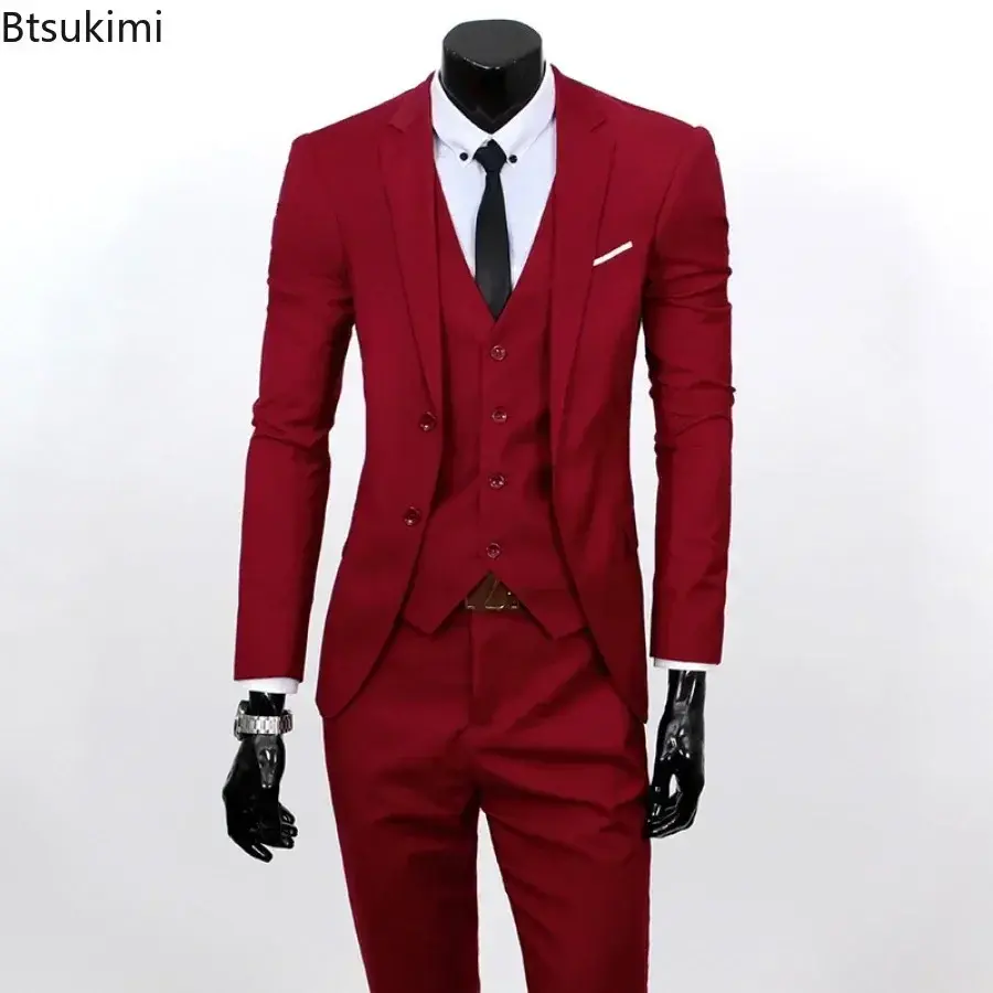 2025 Men's Suit Three Piece Sets (Blazers+Vest+Pants) Fashion Solid Slim Business Party Gown Wedding Groom Dress Suit Plus Size