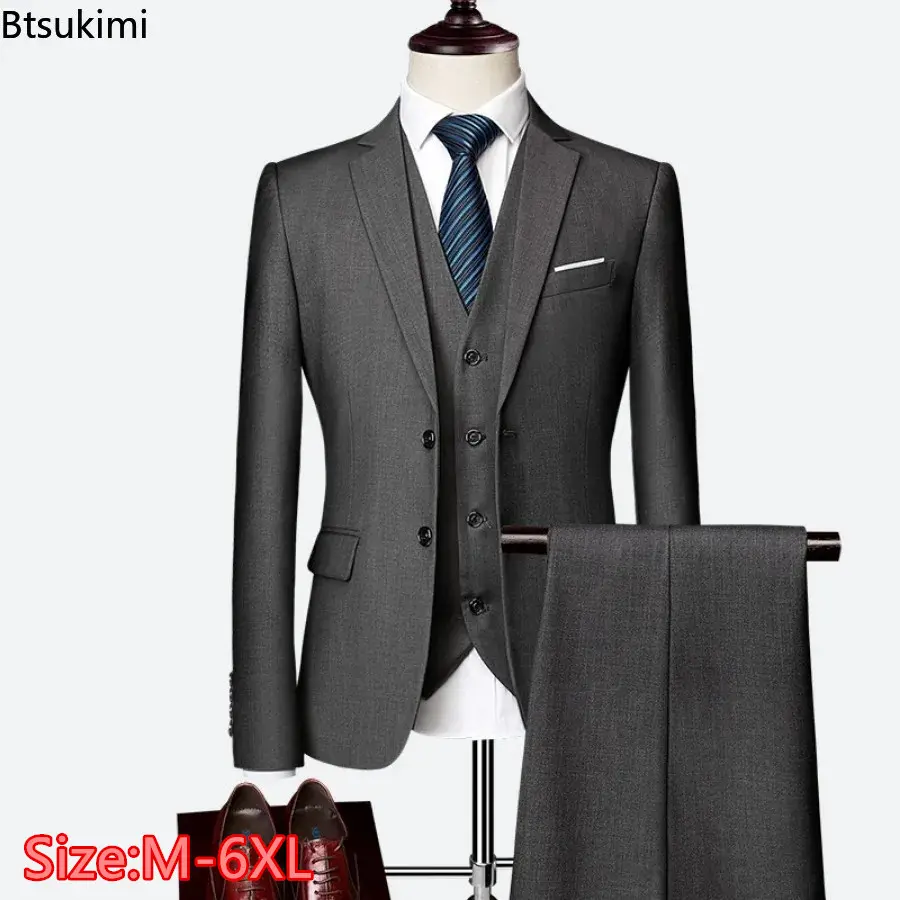 Fashion New Men's Elegant Formal Business Luxury Blazers Sets (Jacket+Pants+Vest) Groom Wedding Dresses Solid Slim Suits M-6XL