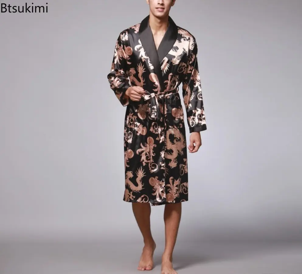 2025 Men Summer Long Sleeved Bathrobes Silk Satin Golden Dragon Long Bathrobe Dressing Gown Knee Length Home Clothes Sleepwear