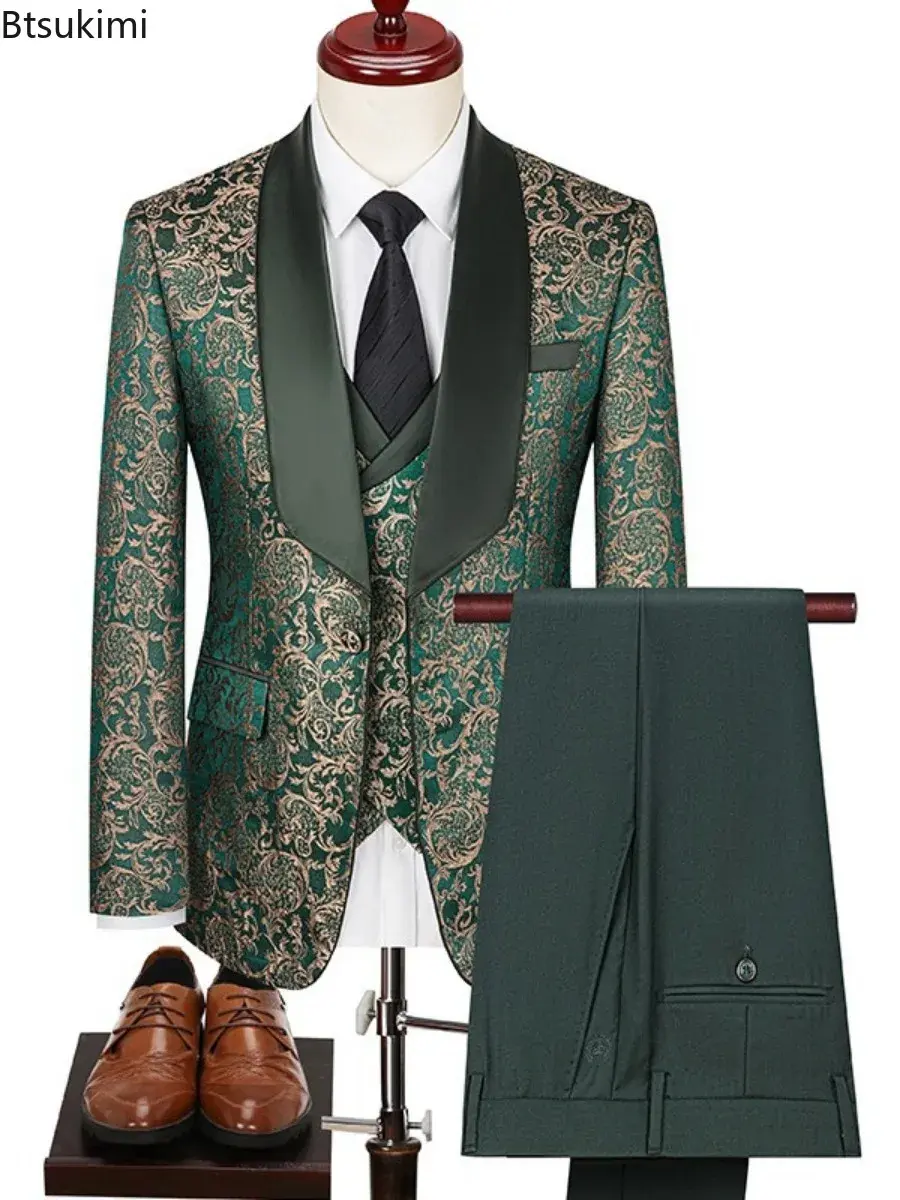 2025 New Men's Boutique Jacquard Suits Three-pieces Luxuly Printed Hig-end Wedding Banquet Dress Tuxedo Sets (Jacket+Vest+Pants)