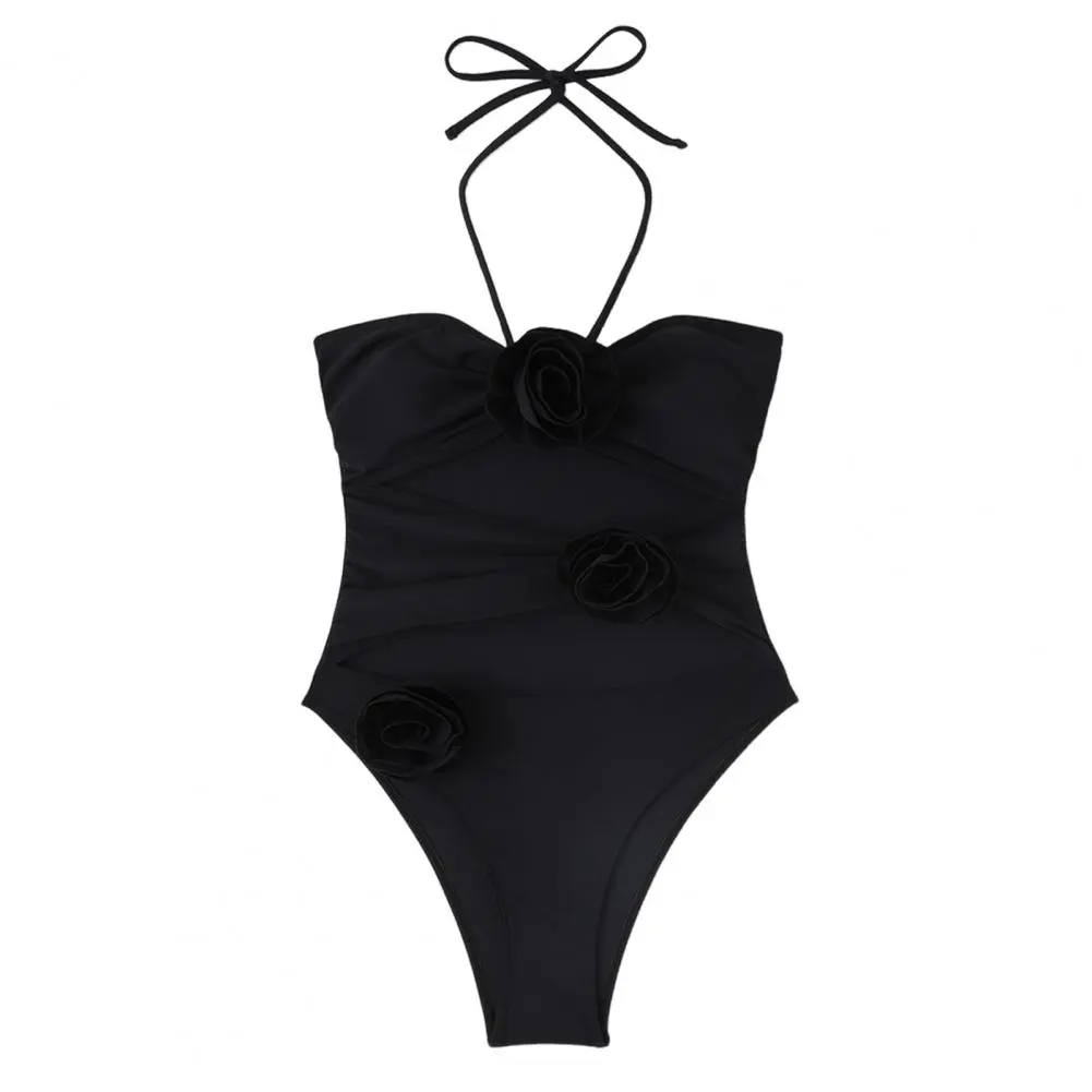 3d Flower Decor Monokini Sexy One-piece Swimsuit Stylish Women's One-piece Swimsuits with Tummy Control High Waisted Design