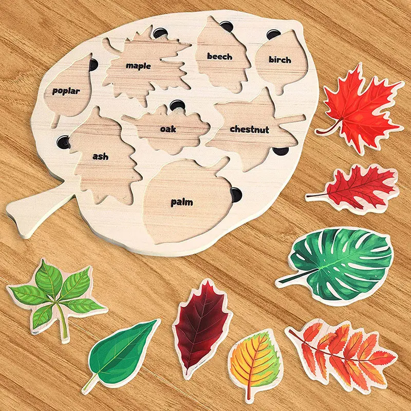 Wooden Montessori Puzzles Kids Educational Toys Leaf Puzzle Drawing Christmas Gifts Jigsaw Board Cognition Game UG309