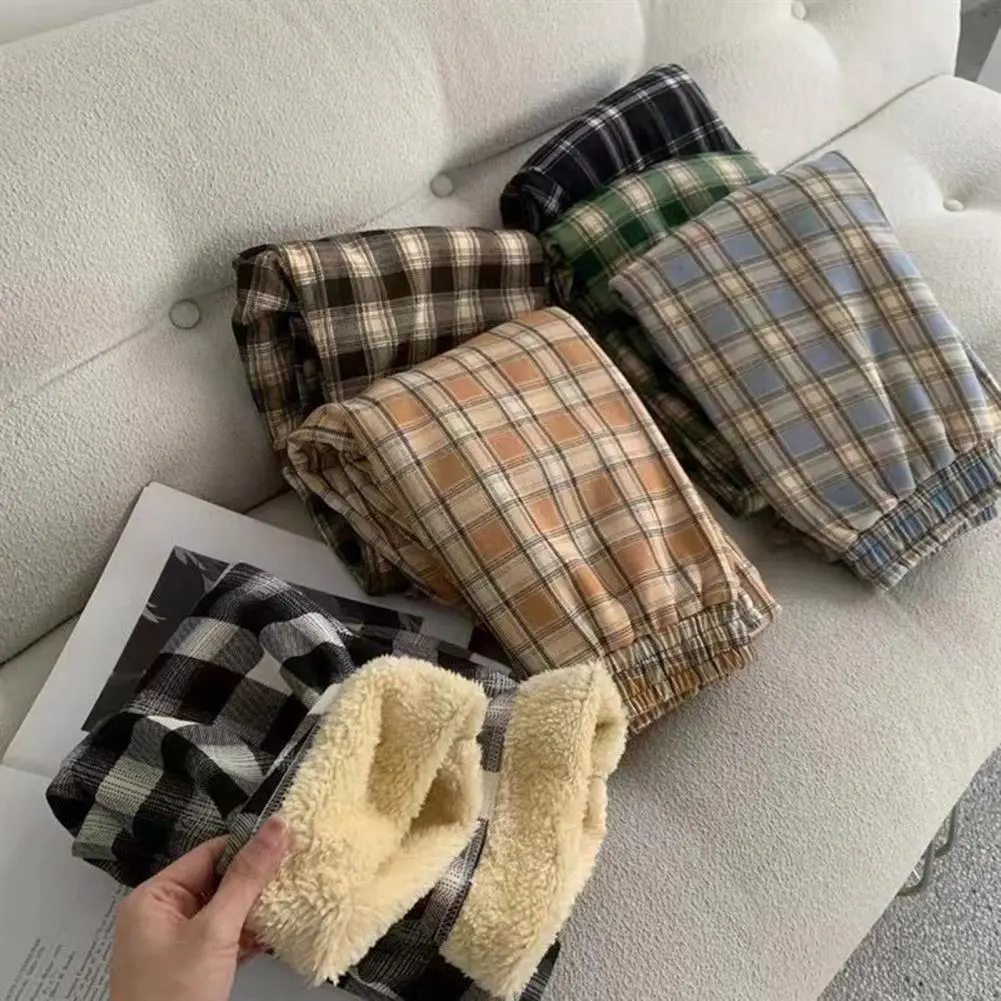 Wide-leg Pants Women Velvet Thickened Pants Plaid Print High Waist Wide Leg Winter Pants with Velvet for Women for Weather