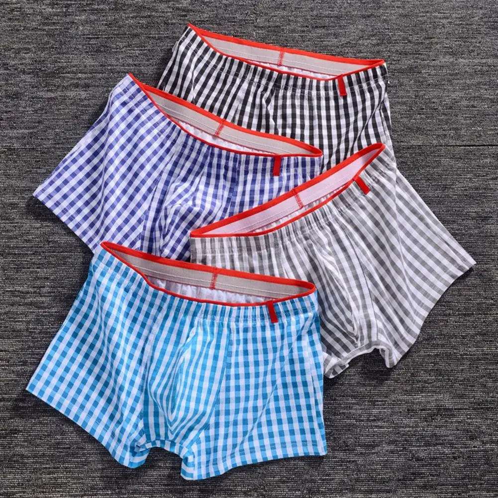 Men Boxer Underwear Mid-rise Elastic Waistband Plaid Print Shorts Briefs U-Convex Breathable Panties Daily Wear
