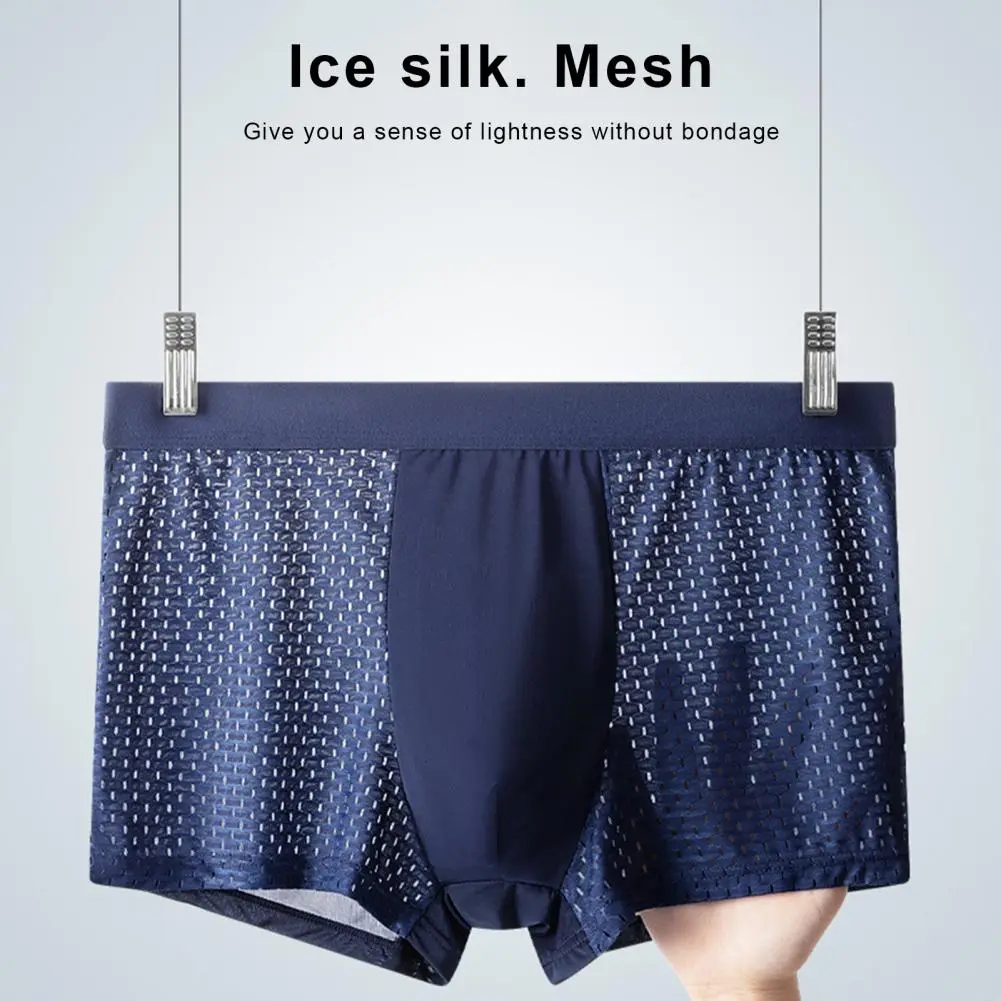 Men Summer Underwear Mid-rise Wide Elastic Waistband Boxer Briefs U-convex Thin Ice Silk Mesh Shorts Panties Underpants