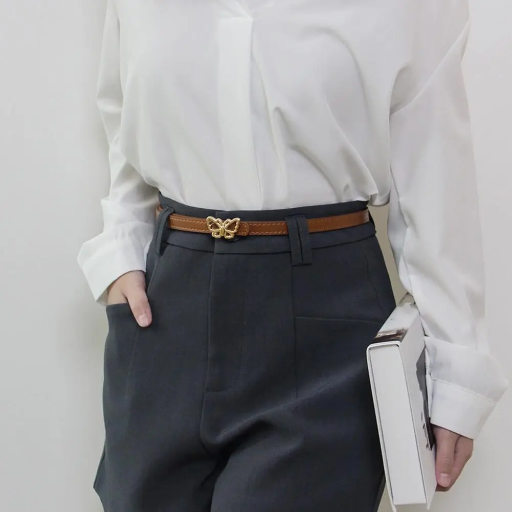 Women Belt Unisex Solid Color Belt Elegant Metal Butterflies Buckle Belt for Women Versatile Imitation Leather Waist for Dress