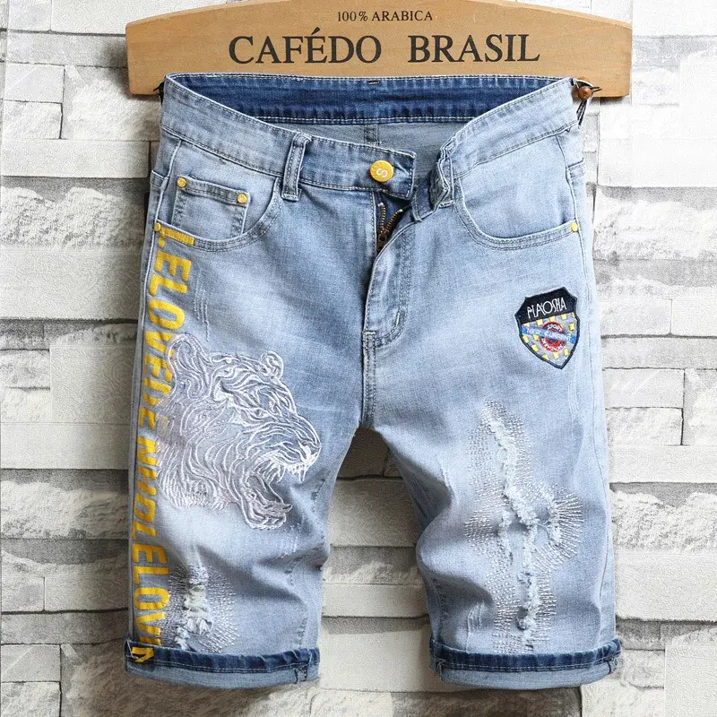 Men Light Blue Jeans Shorts Good Quality Men Holes Denim Shorts New Summer Men Slim Fit Casual Jeans Thin Knee Length Jeans 38