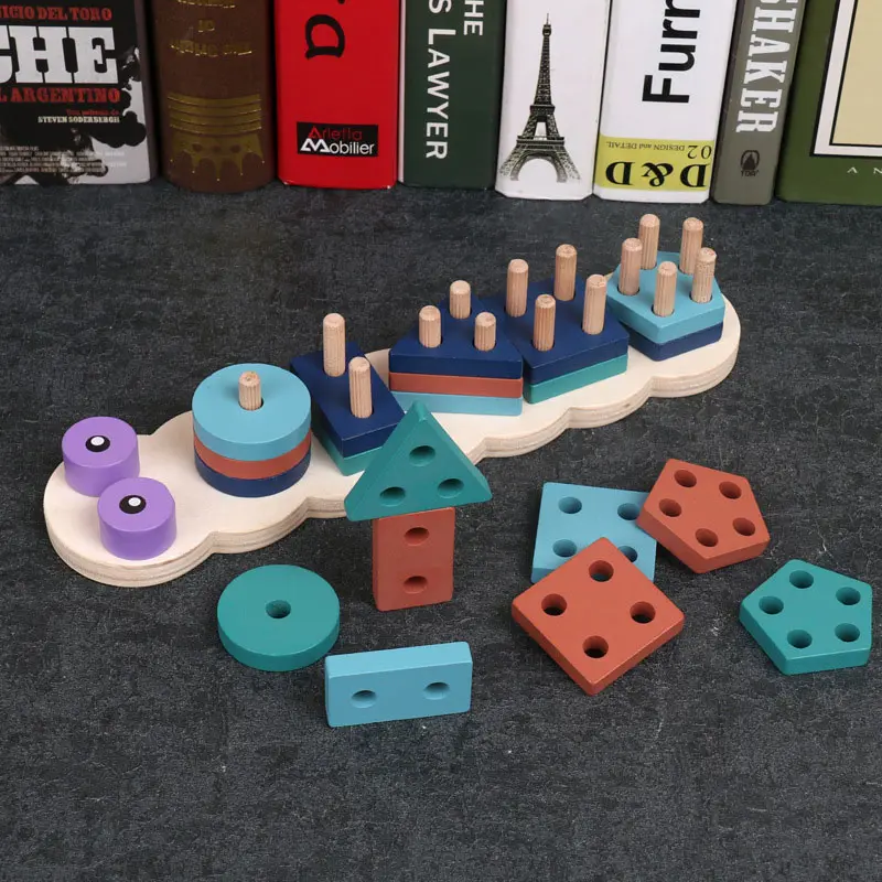Wooden Caterpillar Montessori Toy Wooden Building Blocks Early Learning Educational Shape Matching Kids Puzzle Toys UG301