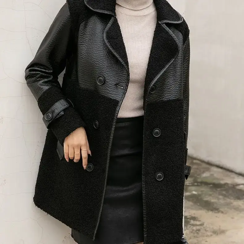 New Autumn Winter Women Double-faced Fur Leather Jackets  Fleece Warm Long Jackets Double Sided Loose Casual Leather Jackets