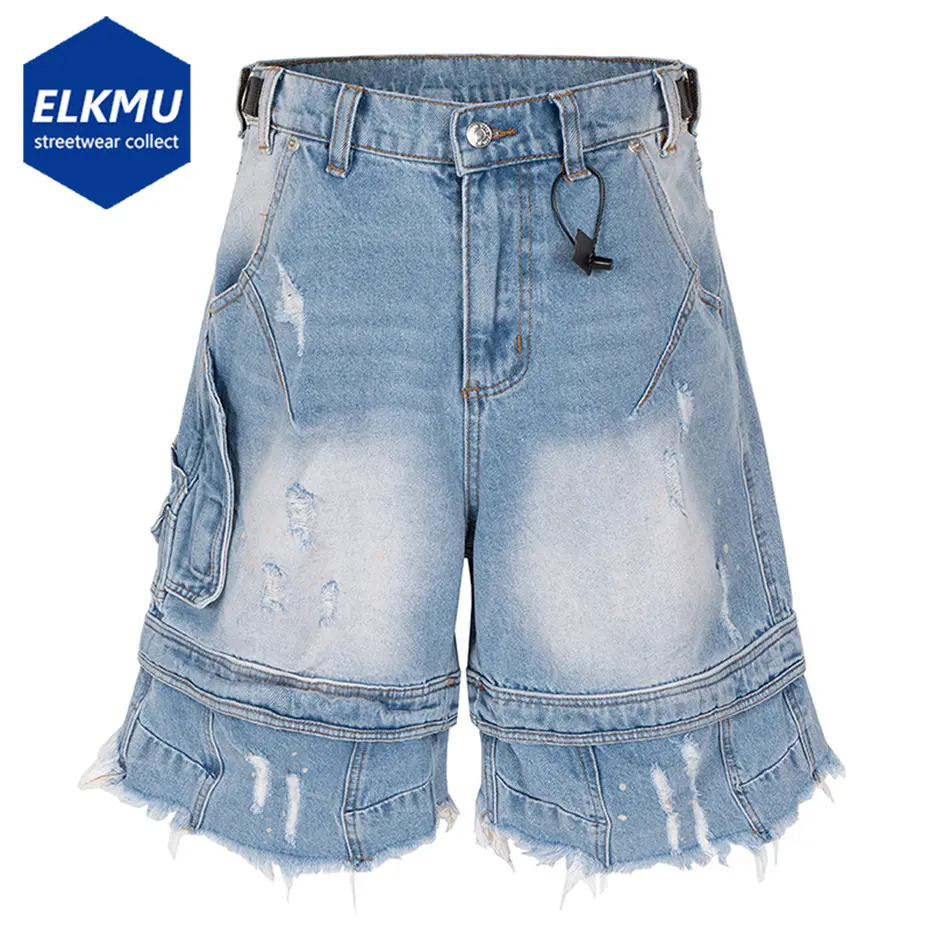 Streetwear Hip Hop Denim Shorts Ripped Patchwork Vintage Blue Jeans Shorts Wide Leg Loose Shorts Unisex
