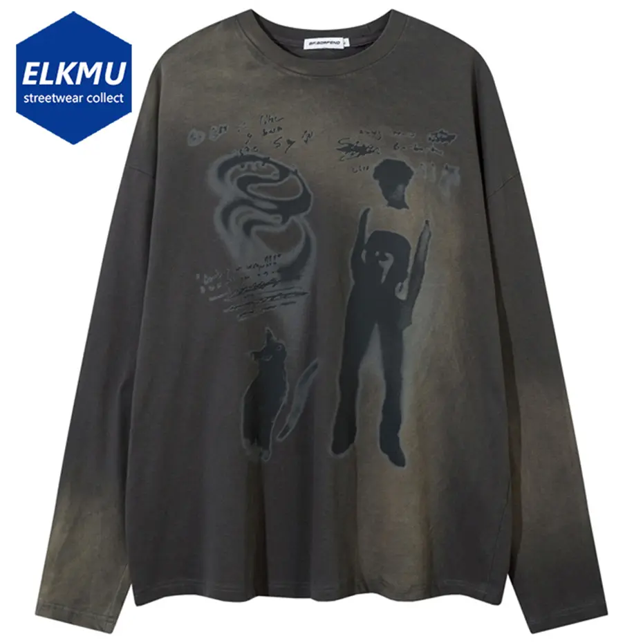 Men Vintage Long Sleeve T Shirt Cartoon Graphic Hip Hop Oversized T-shirt Unisex Casual Loose Tee Tops Streetwear Y2K Tshirt