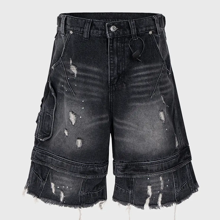 Streetwear Hip Hop Denim Shorts Ripped Patchwork Vintage Blue Jeans Shorts Wide Leg Loose Shorts Unisex