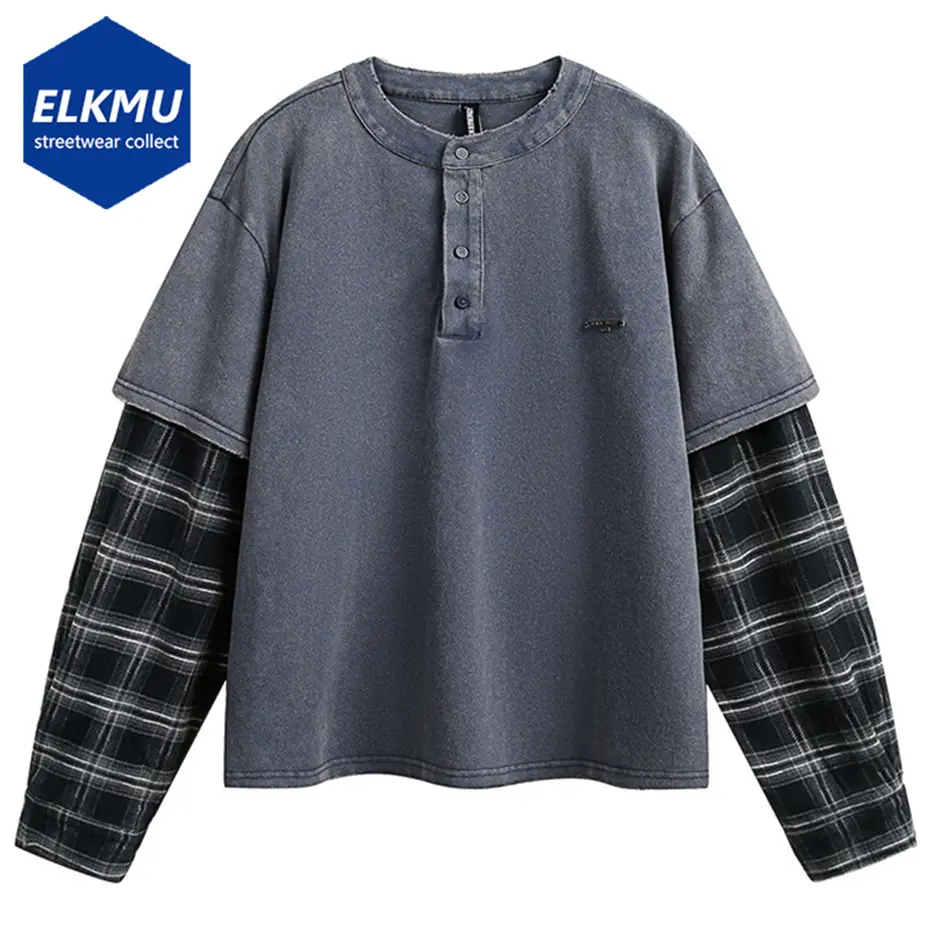 Men Vintage Fake Two Piece T Shirt Plaid Patchwork Long Sleeve Tshirt Tee Tops Streetwear Harajuku Hip Hop Oversized T-shirts