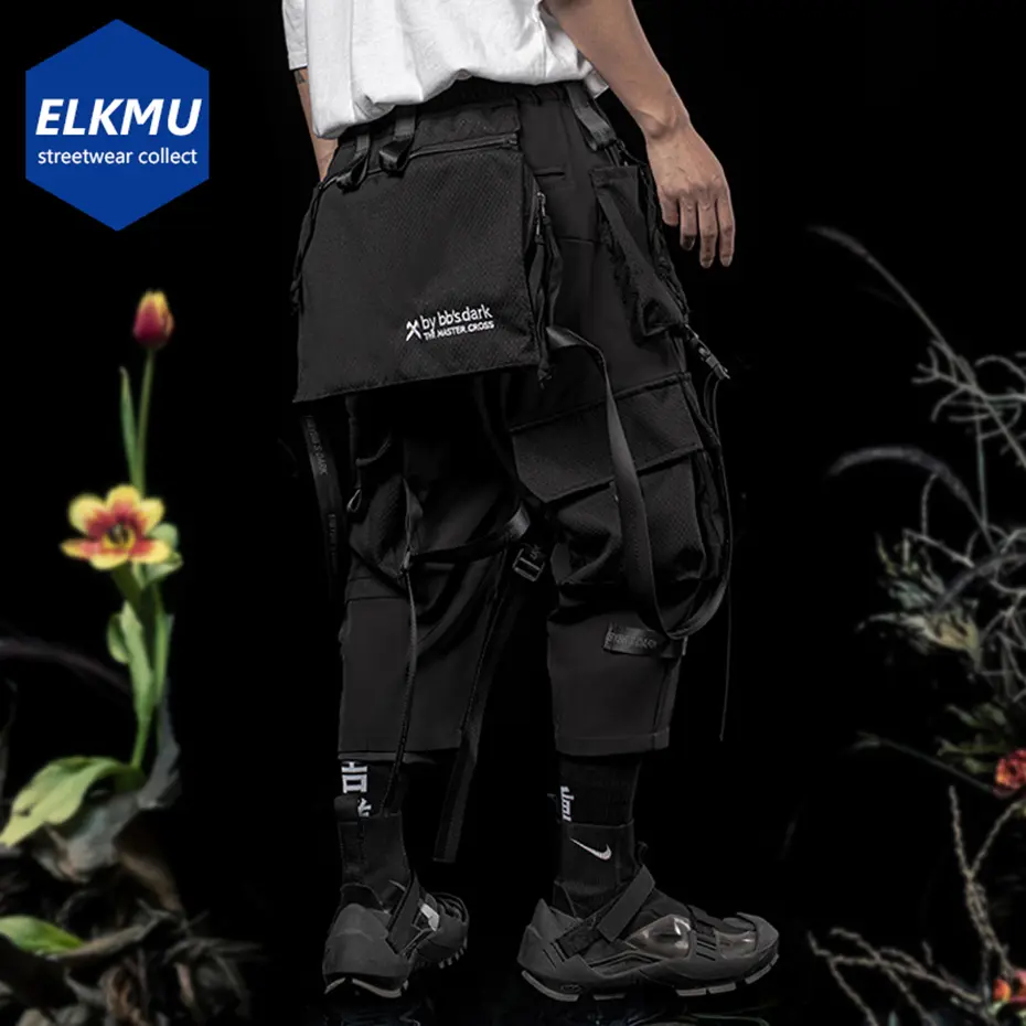 Punk Techwear Cargo Pants Big Pockets Ribbons Oversized Hip Hop Black Pants Joggers Streetwear Harajuku Loose Harem Trousers