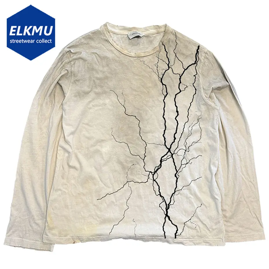 Vintage Oversized T-shirts Lightning Graphic Long Sleeve T Shirts Harajuku Loose Casual Tee Tops Unisex Retro Tshirts