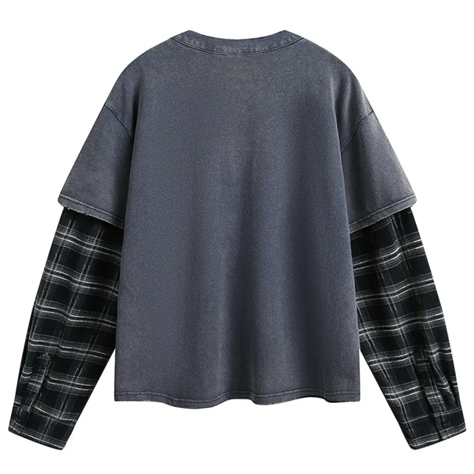 Men Vintage Fake Two Piece T Shirt Plaid Patchwork Long Sleeve Tshirt Tee Tops Streetwear Harajuku Hip Hop Oversized T-shirts