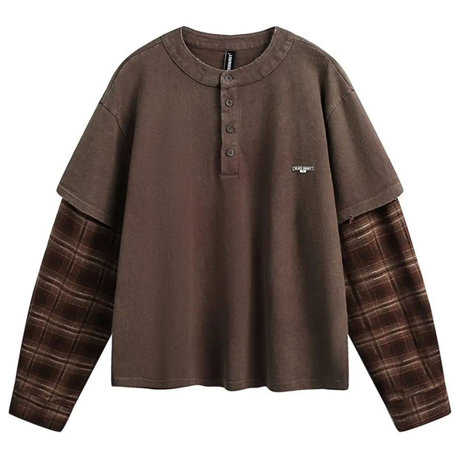 Men Vintage Fake Two Piece T Shirt Plaid Patchwork Long Sleeve Tshirt Tee Tops Streetwear Harajuku Hip Hop Oversized T-shirts
