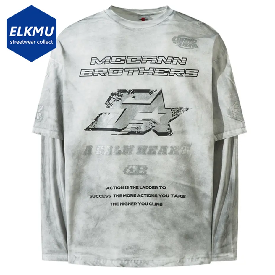 Harajuku Vintage Oversized T-shirts Men Streetwear Hip Hop Long Sleeve T Shirts Washed Retro Loose Tee Tops
