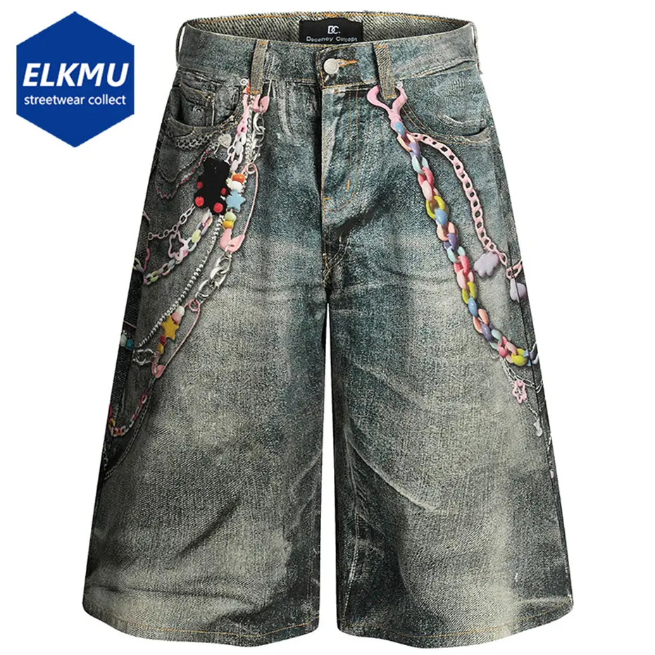 Keychain Graphic Denim Shorts Men Summer Vintage Loose Jeans Shorts Streetwear Harajuku Hip Hop Shorts