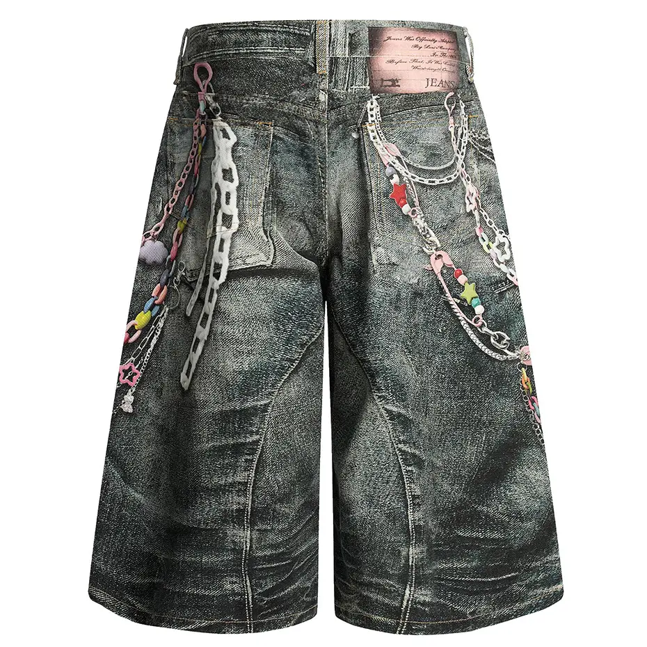 Keychain Graphic Denim Shorts Men Summer Vintage Loose Jeans Shorts Streetwear Harajuku Hip Hop Shorts