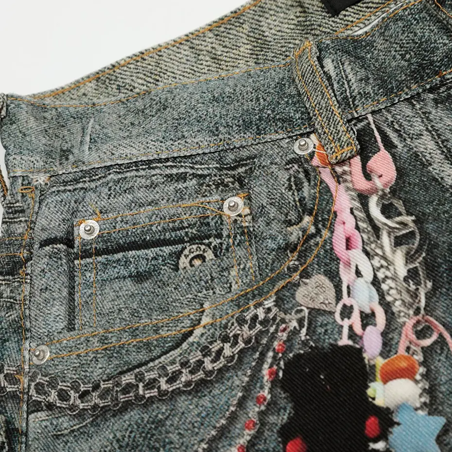 Keychain Graphic Denim Shorts Men Summer Vintage Loose Jeans Shorts Streetwear Harajuku Hip Hop Shorts