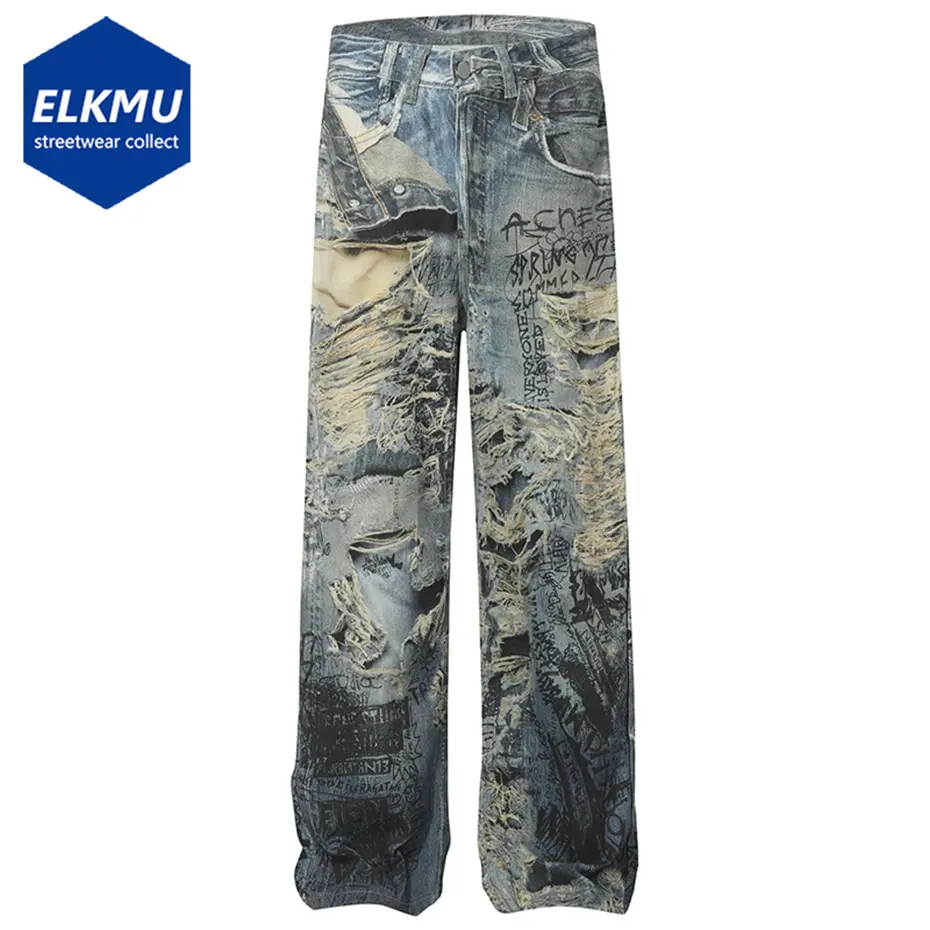 Distressed Ripped Graphic Jeans Streetwear Harajuku Hip Hop Baggy Jeans Men Loose Straight Denim Pants Vintage Jeans Trousers