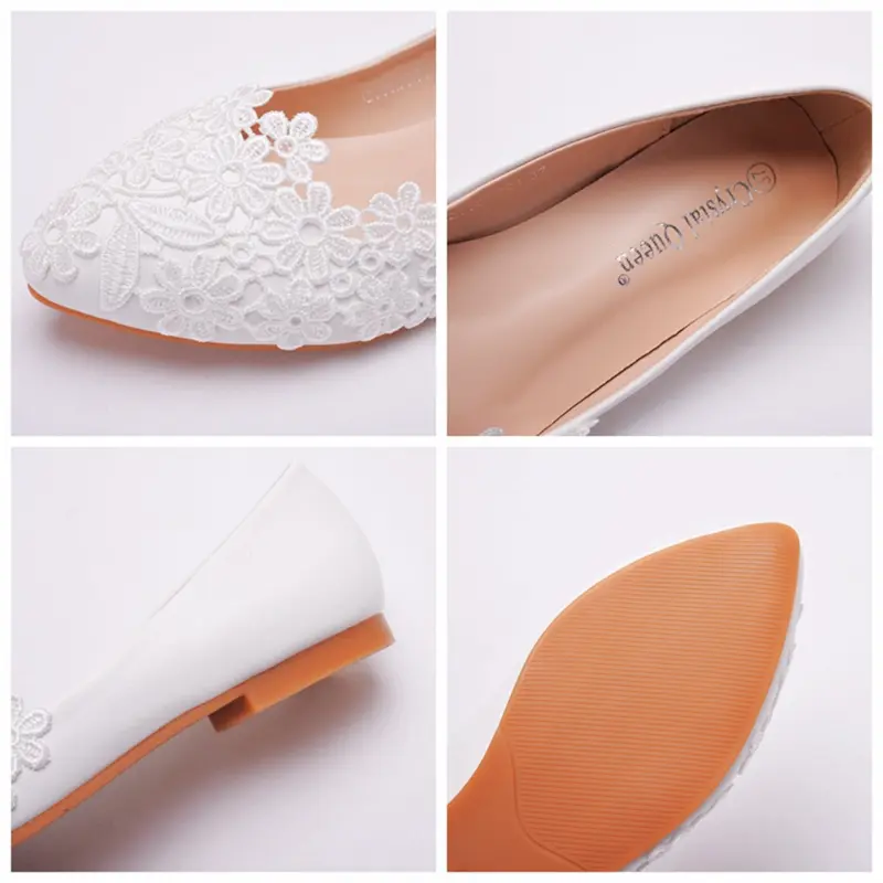 XIHAHA Large Size Flat Lace Wedding Shoes Pointed Toe Casual Flat Fashion White Lace Bridesmaid Shoe Lightweight White Shoes