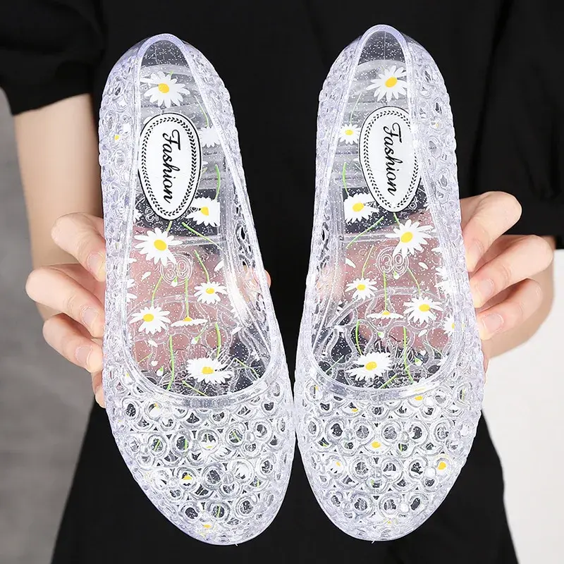XIHAHA Summer Women's Shoes Beach Flat Woman Porous Shoes Plastic Crystal Jelly Shoe Hollow Mesh Sandals Mother Shoes Sneaker