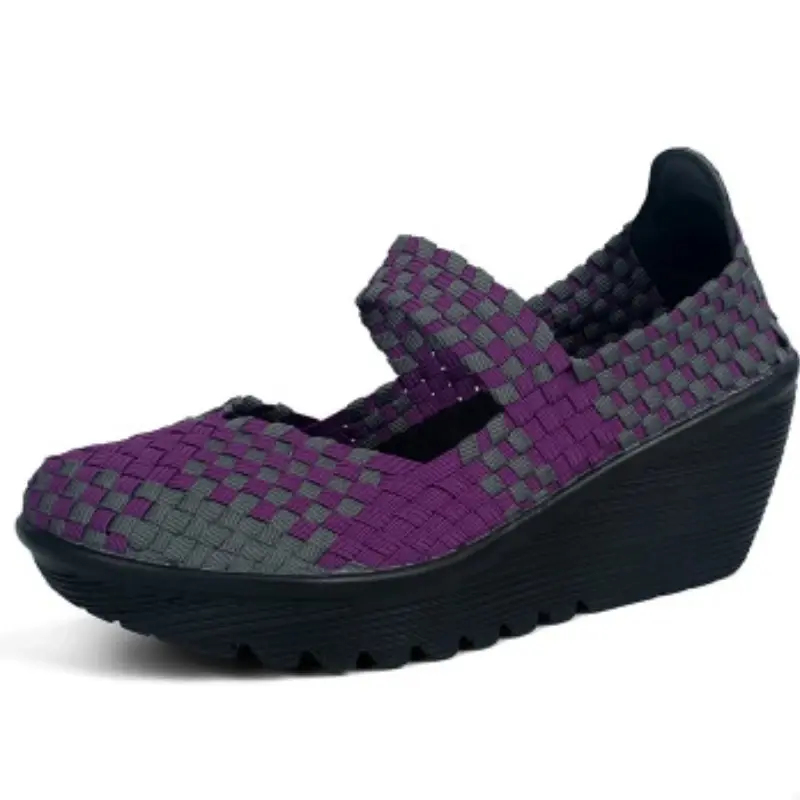 XIHAHA High Help Breathable Casual Women Shoes Loafers Platform Wedges Autumn Woven Slip on High Heel Pumps Square Dancing