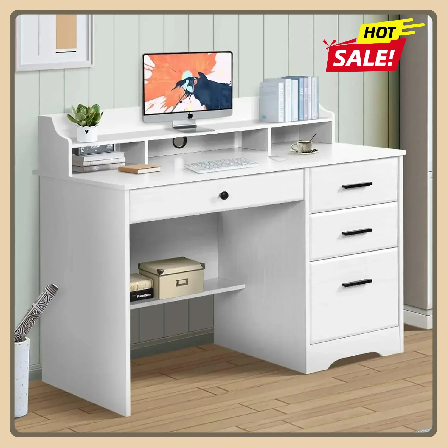 White Desk, Computer Desk, Wood Writing Home Office Workstation, Student Desks for Bedooms, White with 4 Drawers