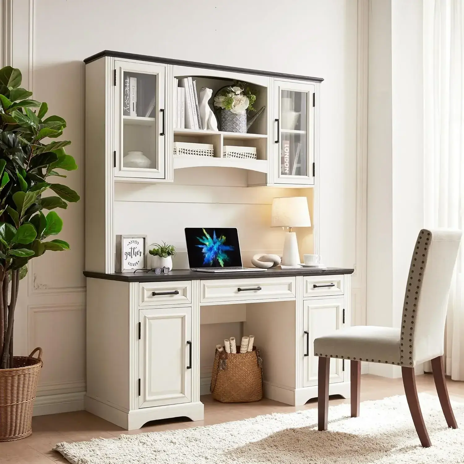 Farmhouse 76" Height Computer Desk with Hutch, Office Desk Workstation for Office Home, Off White