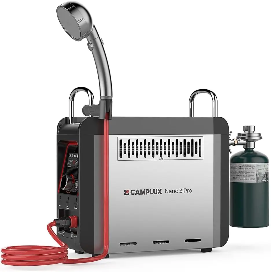CAMPLUX Nano 3 Pro 1 lb Propane Portable Water Heater, Table Top Camp Water Heater & Shower Pump w/Built-in Battery, Compact Out