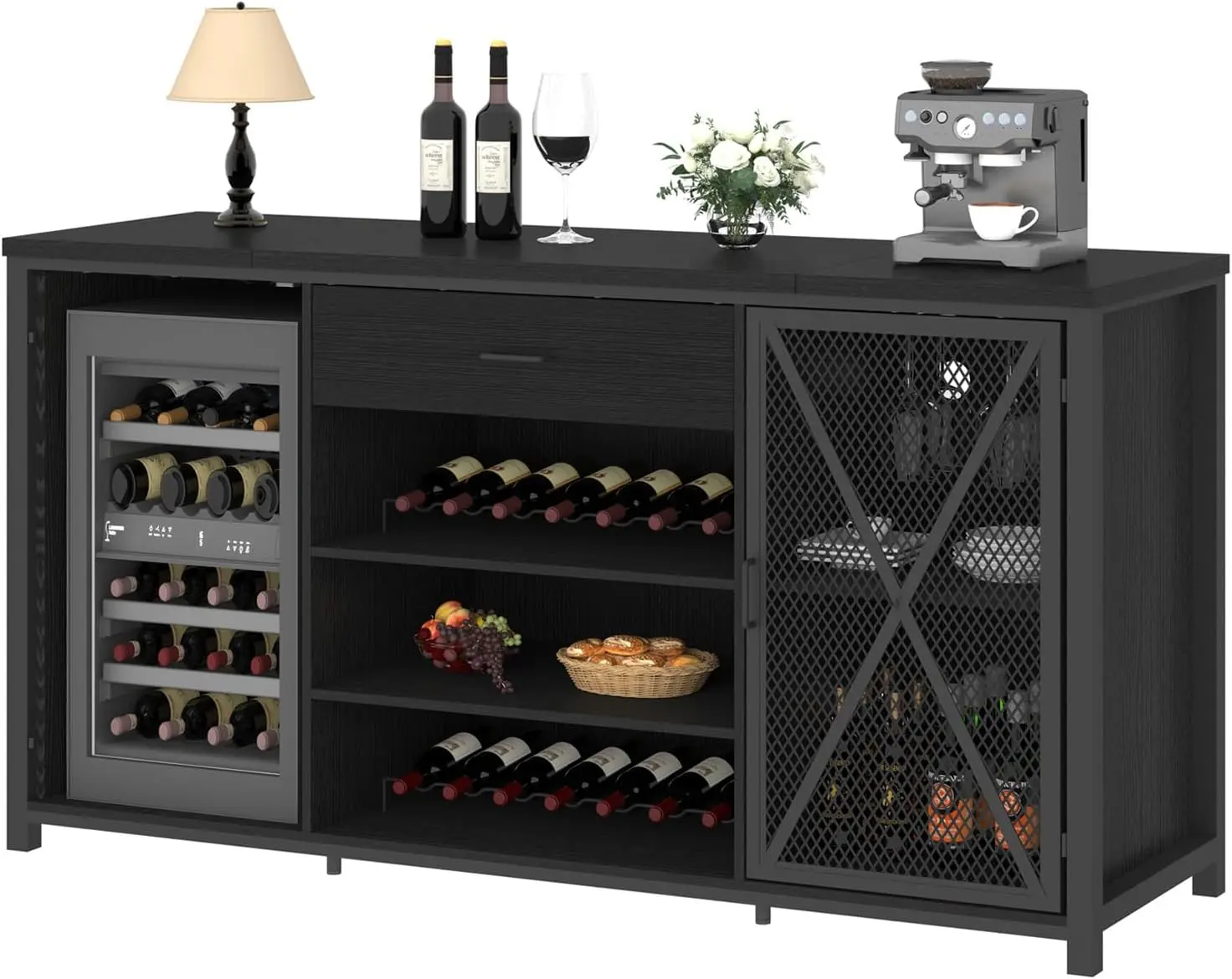 Long Coffee Bar Cabinet with Fridge Space, Modern Wood Metal Large Wine Liquor Cabinet with Rack, Big Wide Sideboard Buffet