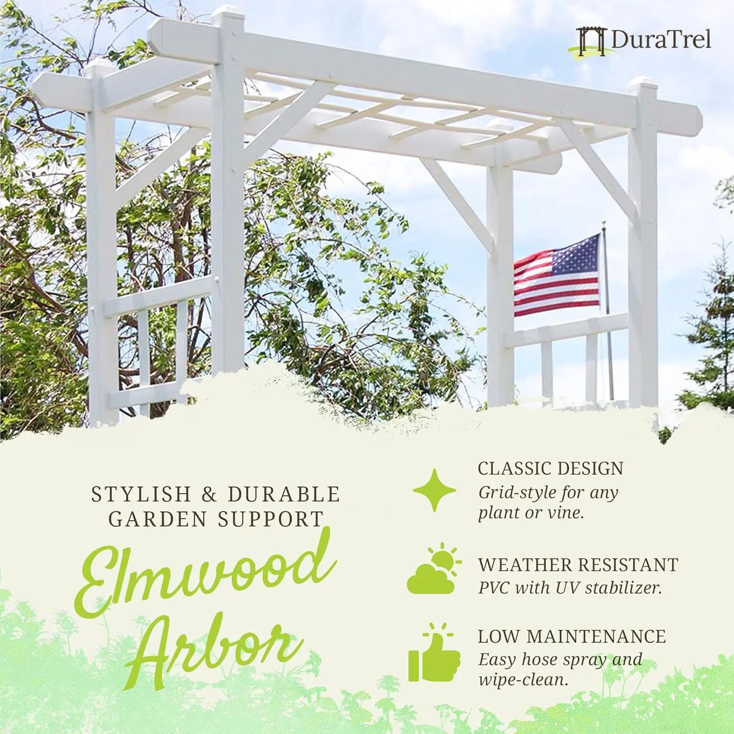 PVC Garden Arbor, Arch Support for Climbing Plants, Elmwood, White, 57" x 85"