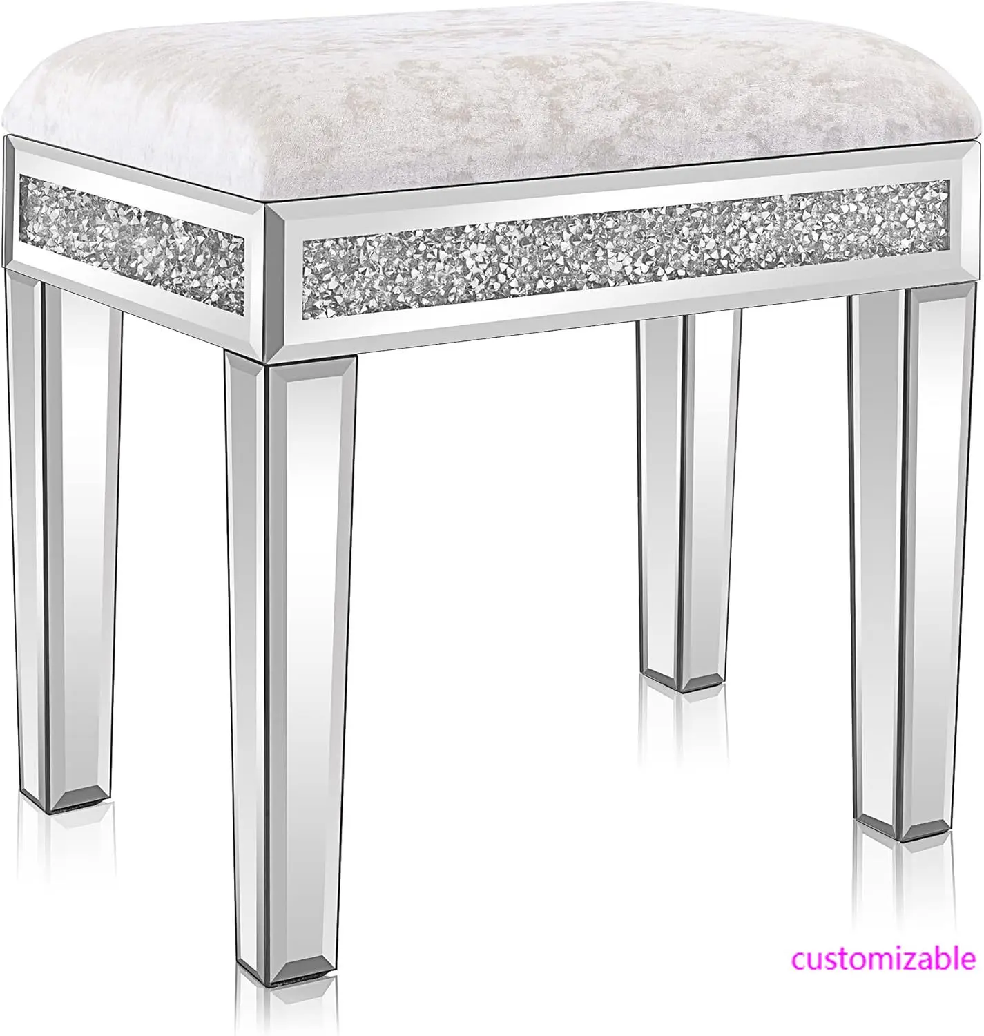 Mirrored Vanity Stool with Storage, Upholstered Velvet Ottoman, Makeup Dressing Table Bench with Sparking Diamonds, Silver