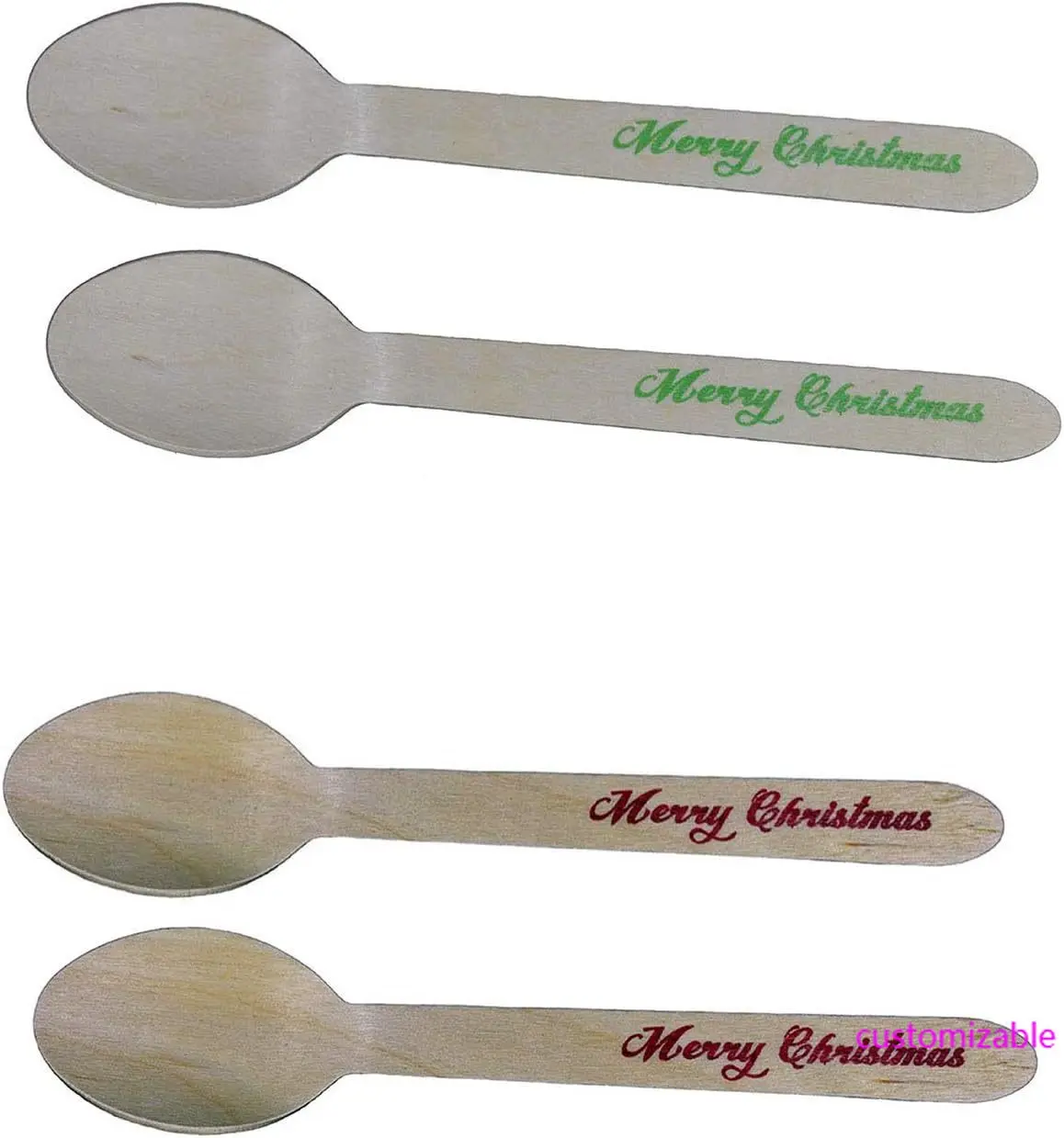Disposable Wooden Spoons with Merry Christmas Print - 24 pack of Red & 24 pack of Green