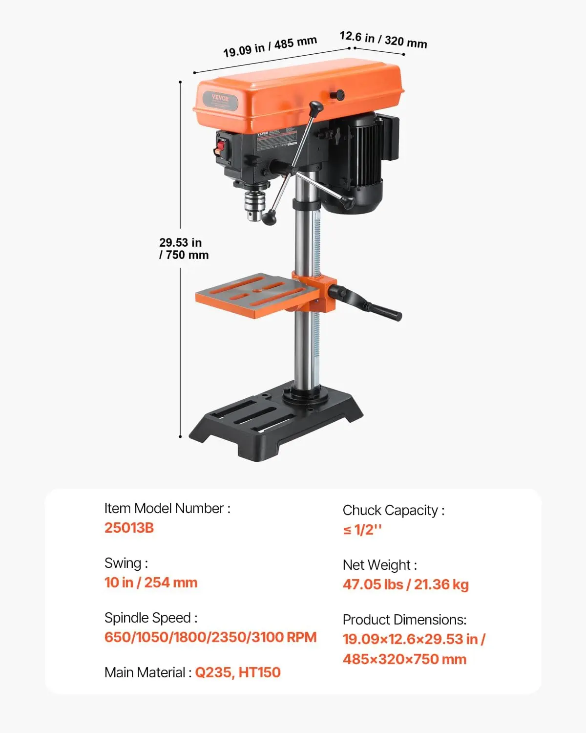 10 in Benchtop Drill Press, 6.2A Induction Motor, Tabletop Drilling Machine with 610/940 / 1500/2150 / 2800 RPM Adjustable Speed
