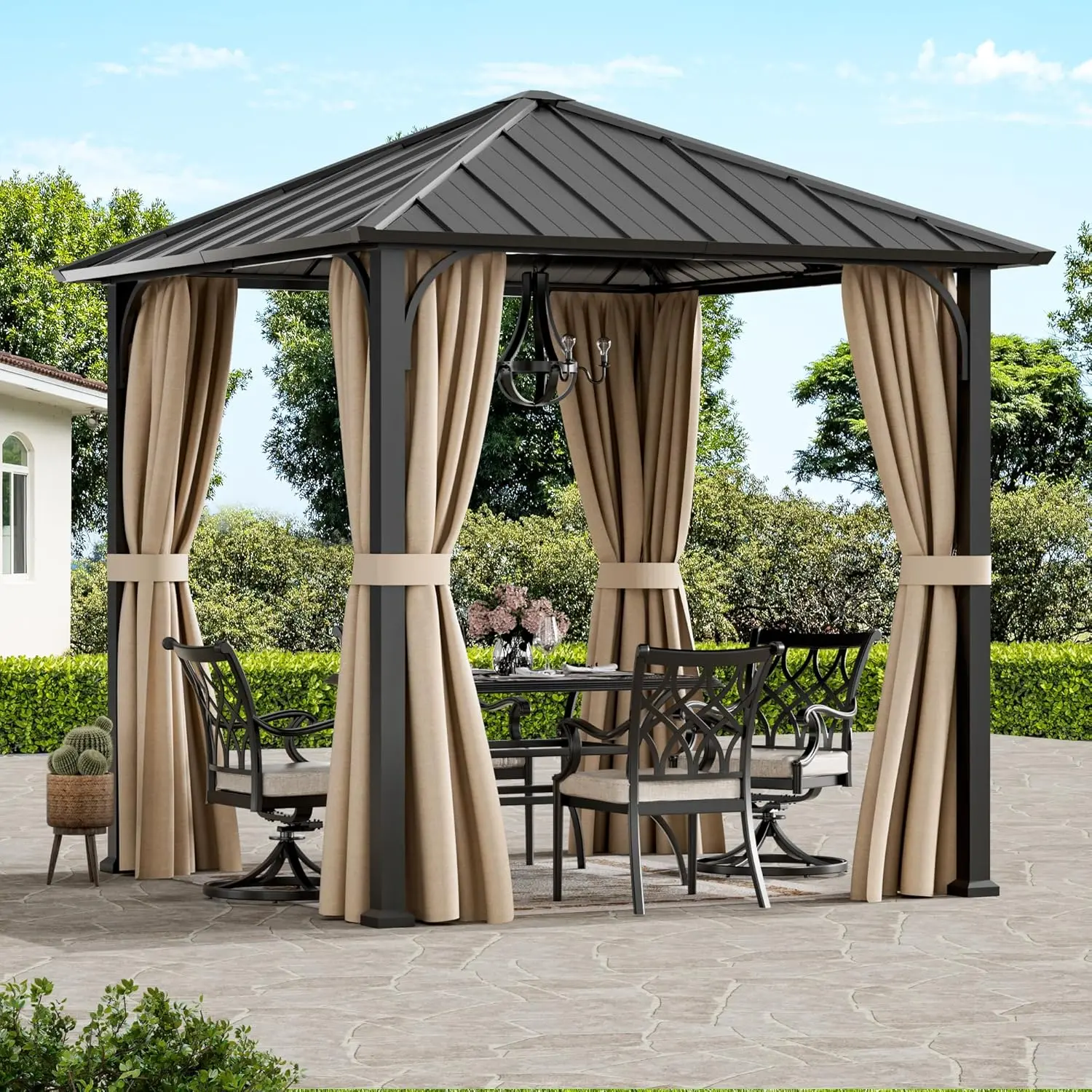Modern Shade 8'x8' Hardtop Gazebo with Galvanized Steel Roof & Detachable Curtains, Permanent Metal Gazebo Outdoor