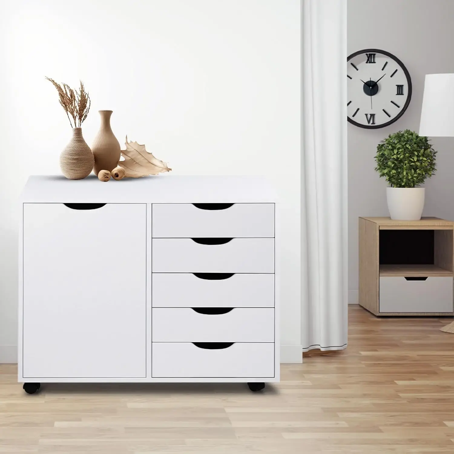 Amy 5 Drawer Chest, Wood Storage Dresser Cabinet with Wheels, Craft Storage Organization, Makeup Drawer Unit for Closet, Bedroom