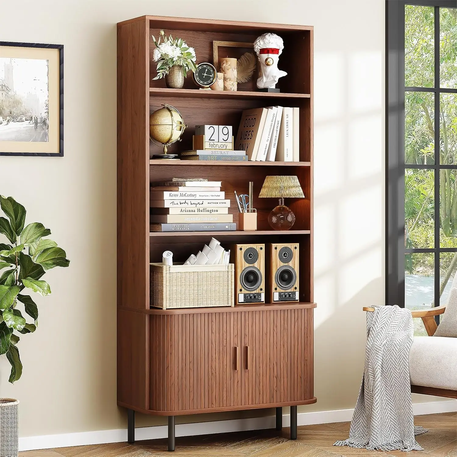 71" Tall Bookshelf, 4-Tier Bookcase with Storage Cabinet & Adjustable Storage Shelves, Sliding Door and Adjustable Footpad