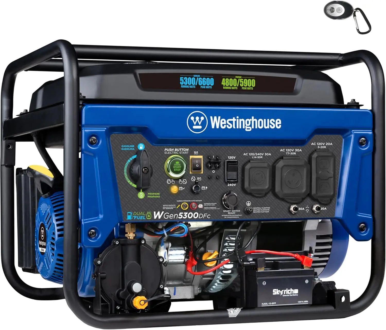6600 Watt Dual Fuel Home Backup Portable Generator, Remote Electric Start, Transfer Switch Ready, RV Ready, CO Sensor