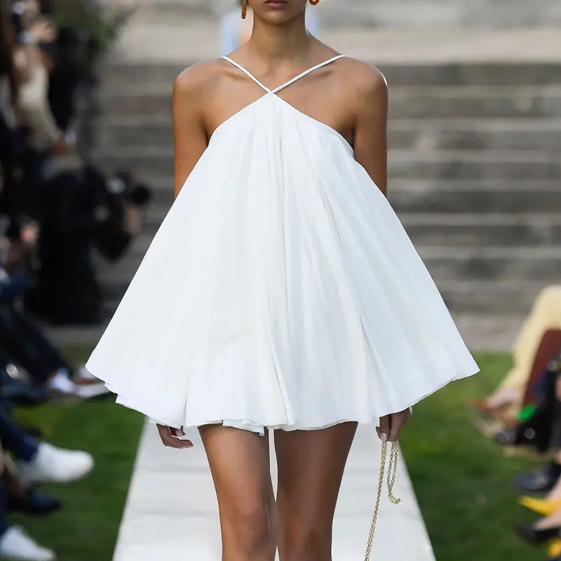 Gentle White Dress Women Pleated Ball Gown Backless Skirt Strapless Hanging Neck Camisole Skirt One-Shoulder Skirt