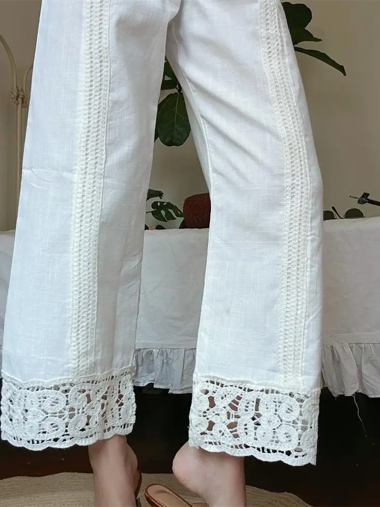 Women's French Commuting Relaxation Loose Casual Embroidered Wide Leg Pants Cotton Hemp White Long Pants