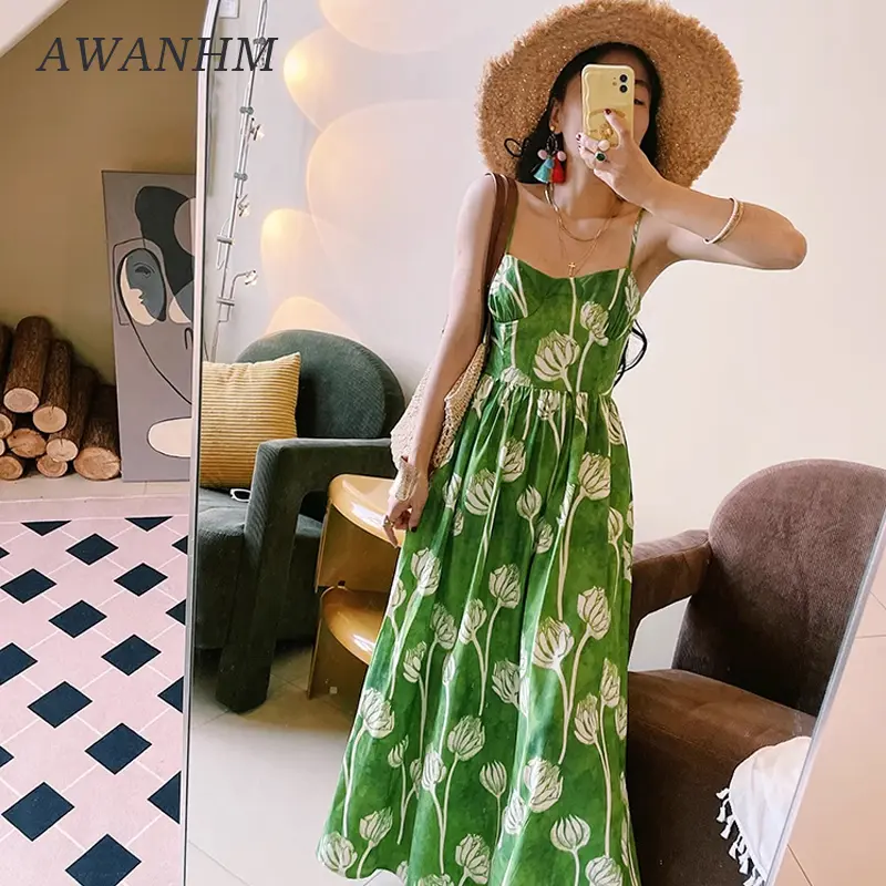 Green Flower High Waist Strap Dress Summer Sexy Vacation Beach Sleeveless Dress