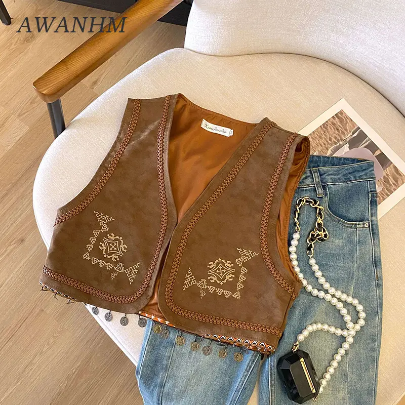Women's  Retro PU Leather Embroidered Fringe Vest Jacket