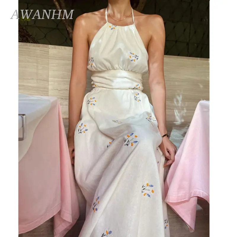 Women's Summer Sleeveless Cotton Hemp Halter Neck Dress Daisy Embroidery Backless Lace Up Long Dress