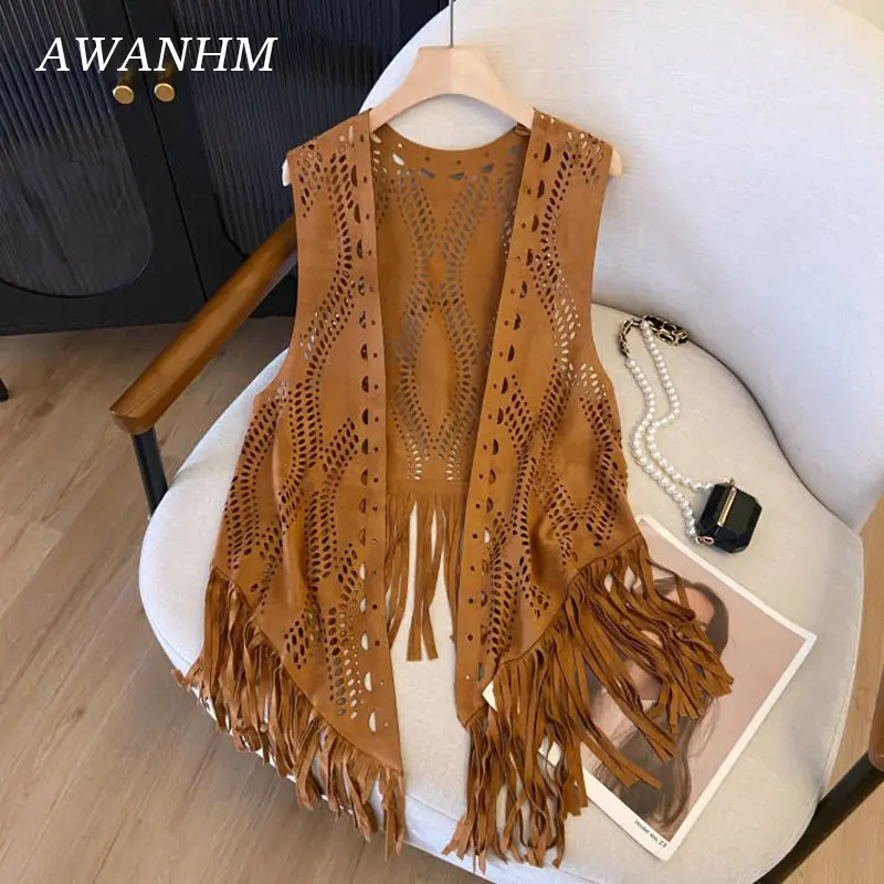 Women's Western Cowboy Wandering Style Retro Suede Fringe Hollow Out Thin Travel Vest