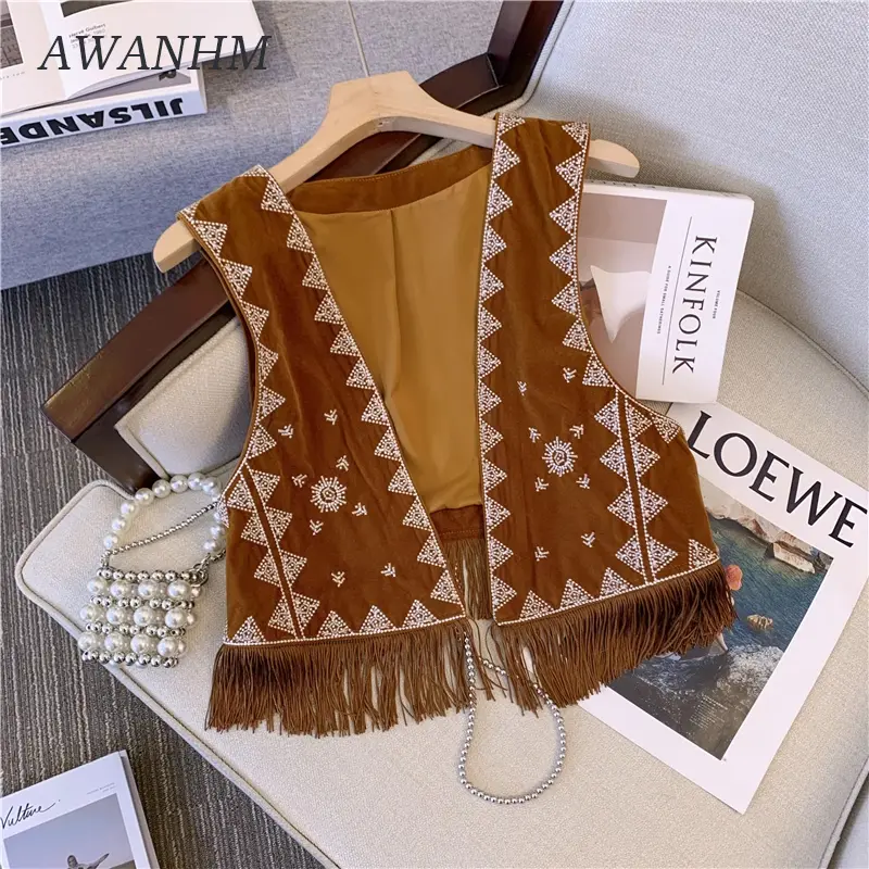 Bohemian National Style Western Denim Brown Suede Embroidered Tassels Vest Short and Versatile Sleeveless Jacket