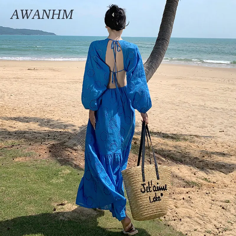 Women's Summer Fashion Retro Blue Hollow Out Long Dress Slim Embroidery Open Backless Holiday Dress